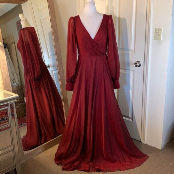 Mac Duggal Sheer Blouson Sleeve Surplice Gown 67873 - Picture 2 of 14